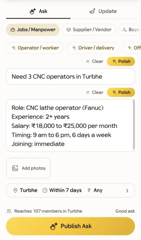 An ask for 3 CNC operators, ready to publish.