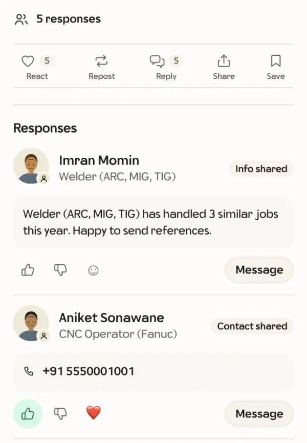 Responses on your ask: a note and shared contacts, with rating buttons.