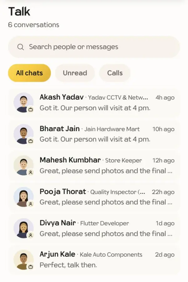 Talk: all your conversations, unread chats and calls.
